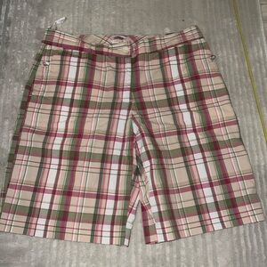 Pink white tan and green plaid shorts